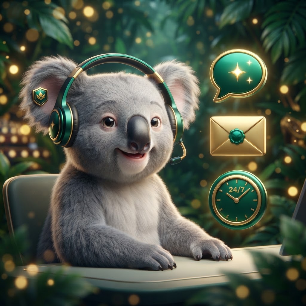 Koala mascot wearing a headset with chat, email and clock icons – Fair Go customer support